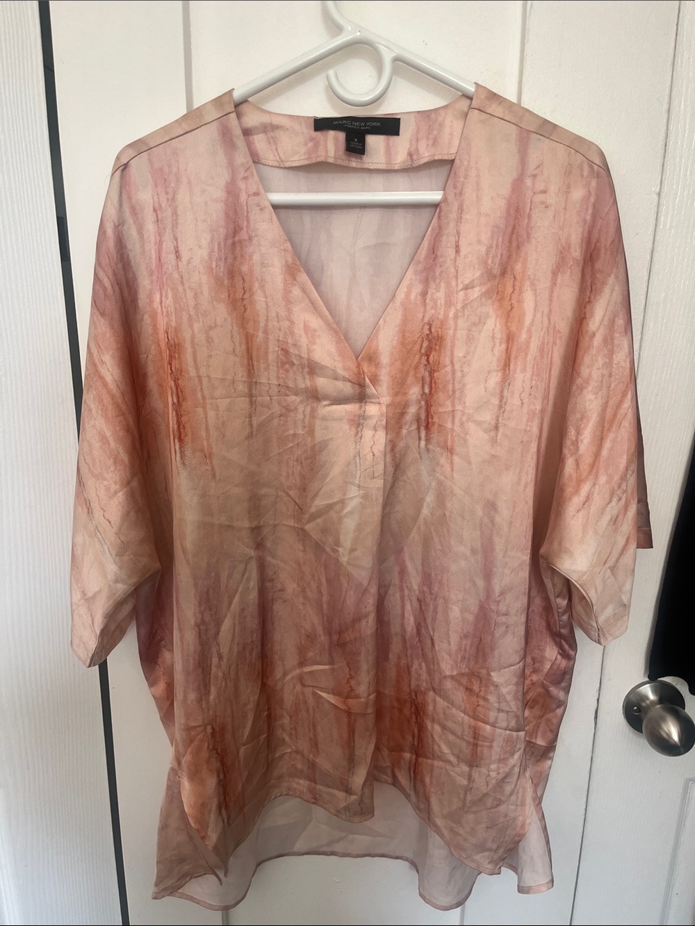 Andrew Marc Pink and Peach Marble V-Neck Sheer Blouse